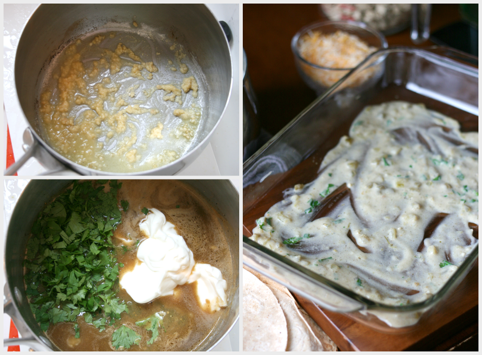 collage image that shows cooking creamy sauce in dutch oven and adding it to bottom of baking dish