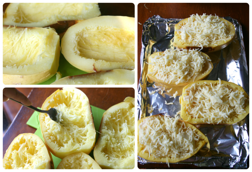 collage image showing spaghetti squash but in half on a cutting board, then a fork shredding squash, and shredded cheese topping squash