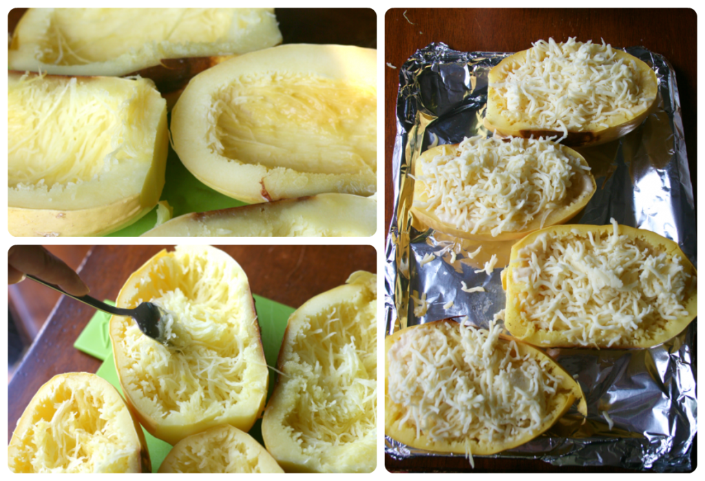 collage image showing spaghetti squash but in half on a cutting board, then a fork shredding squash, and shredded cheese topping squash