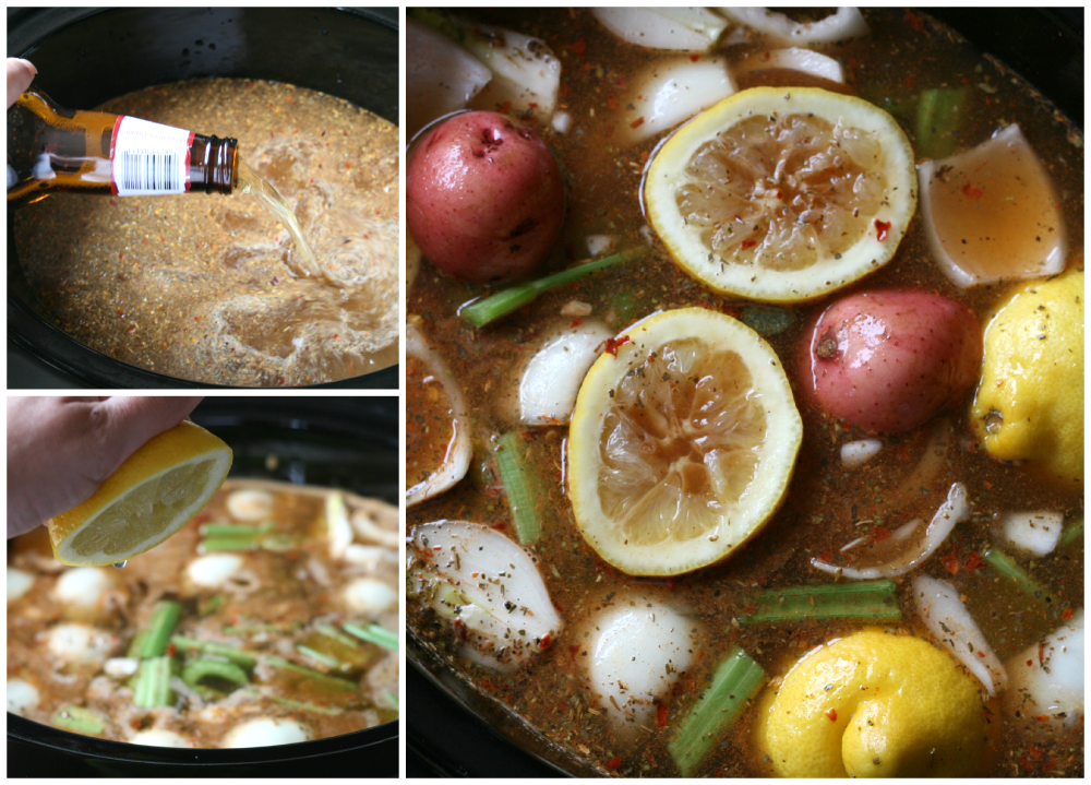 Pouring a beer into a slow cooker containing potatoes, lemons, onions.