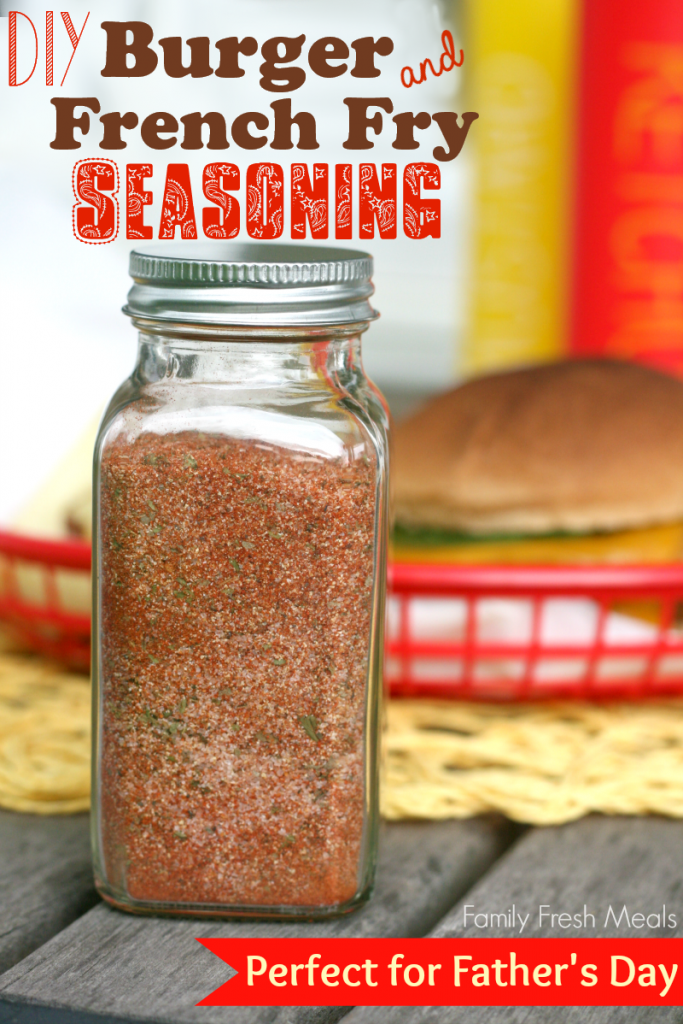 DIY Burger and French Fry Seasoning in a glass container 