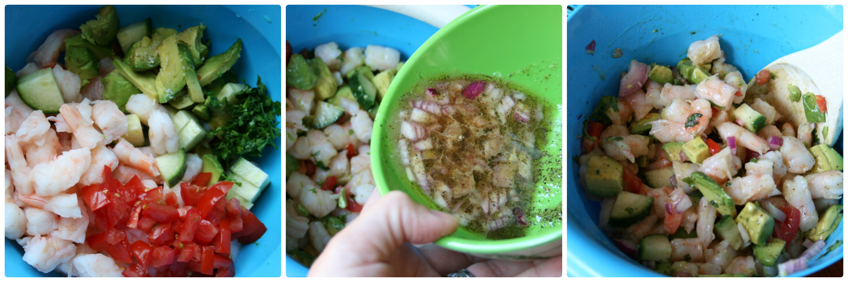 Showing Avocado Shrimp Salad in a blue mixing bowl, being mixed together