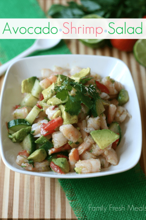 Avocado Shrimp Salad served in a white bowl