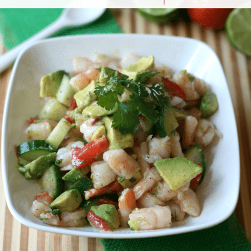 Avocado Shrimp Salad served in a white bowl