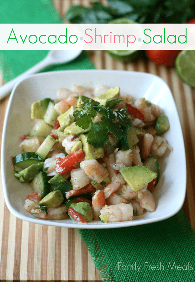 Avocado Shrimp Salad in a white bowl