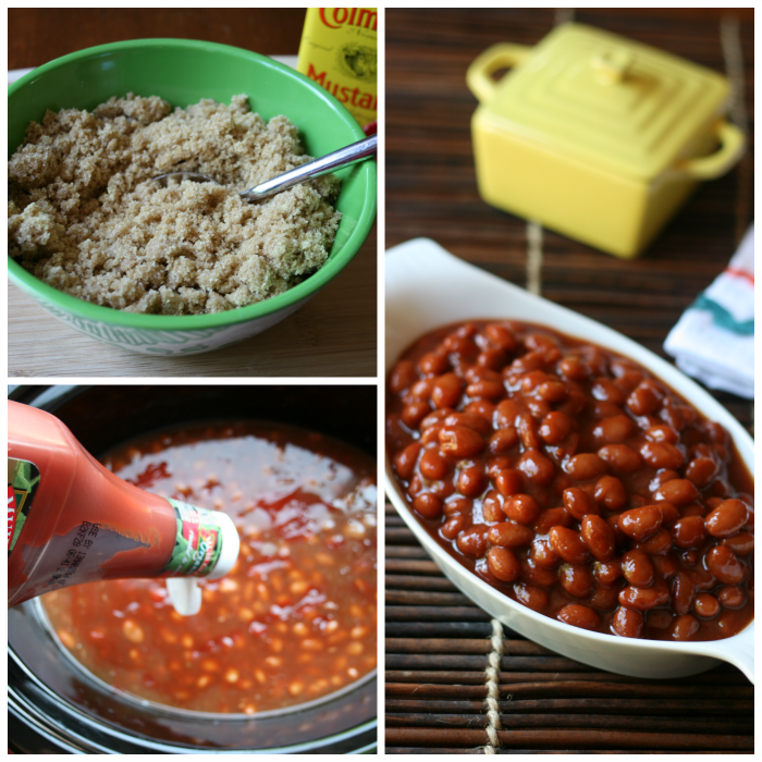 Collage image showing steps of how to make Mom's Famous Crockpot Baked Beans 