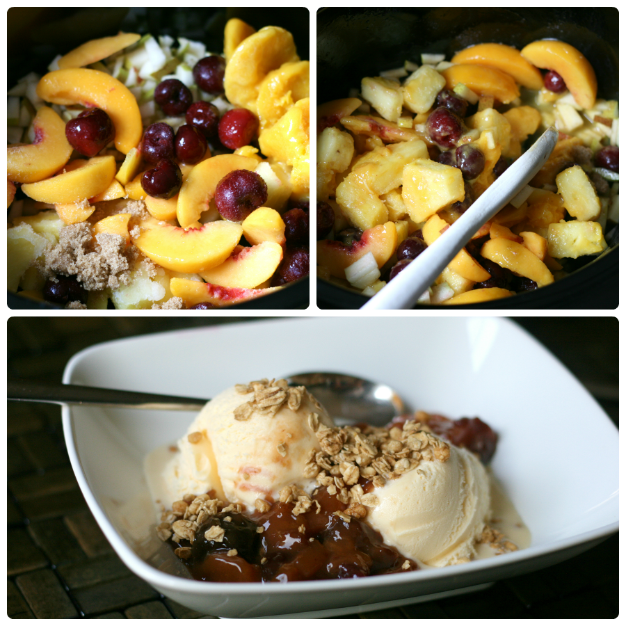 Collage images showing steps of how to make the Slow Cooker Summer Fruit Compote