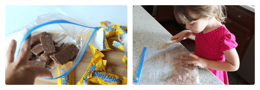 first image is mini butterfinger candy bars in a large ziplock bag. Second picture of a child hitting ziplock bag with a wooden spoon. 