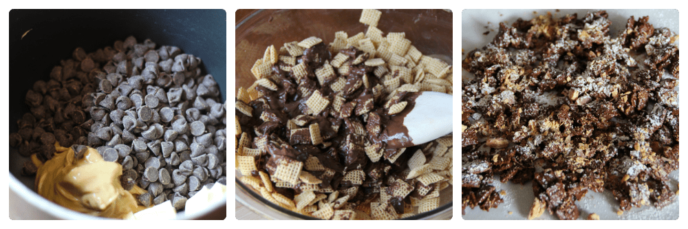 first image of chocolate chips an peanut butter in a sauce pan. middle image if chex cereal mix in a large mixing bowl, with wooden spoon mixing in chocolate mixture. Last image chex mix laid out on parchment paper