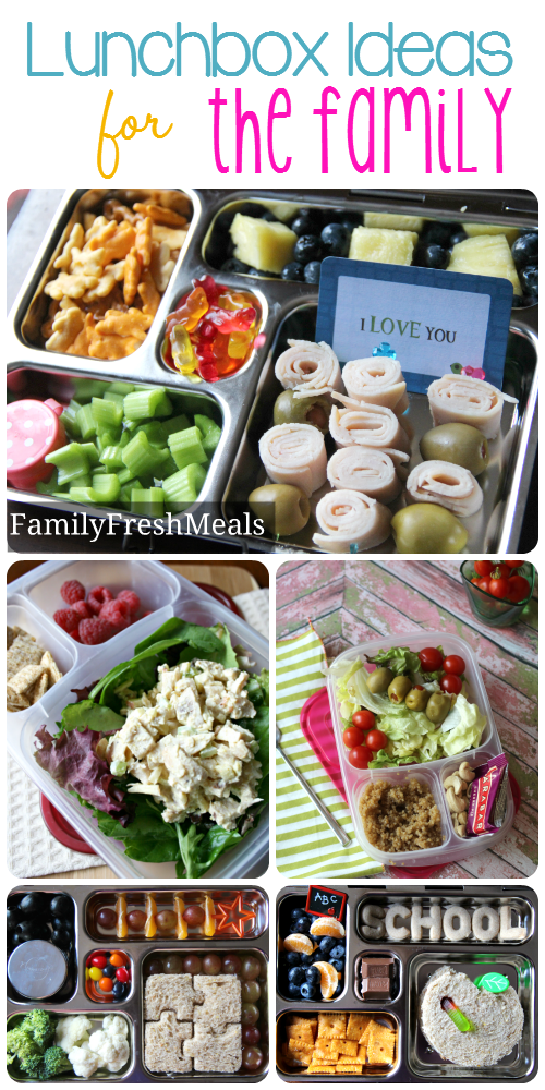 Collage image of 5 different packed lunchbox ideas