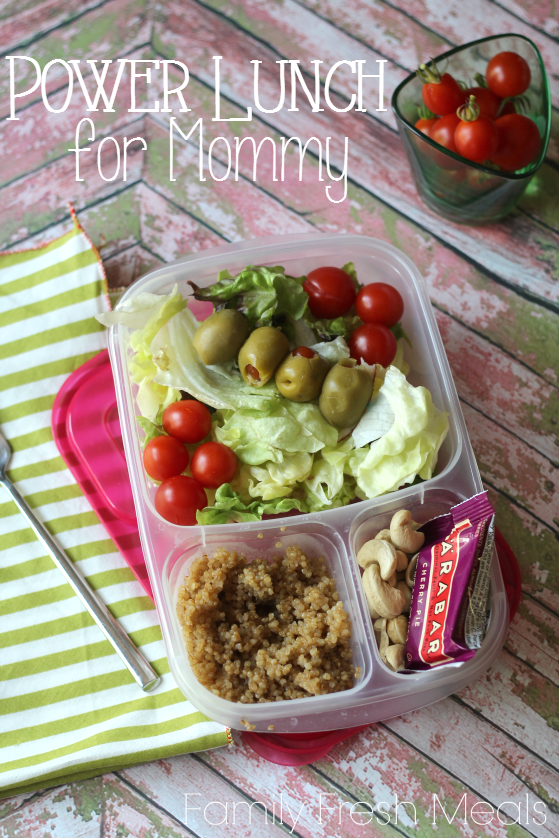 salad, couscous, nuts and larabar packed in a lunchbox