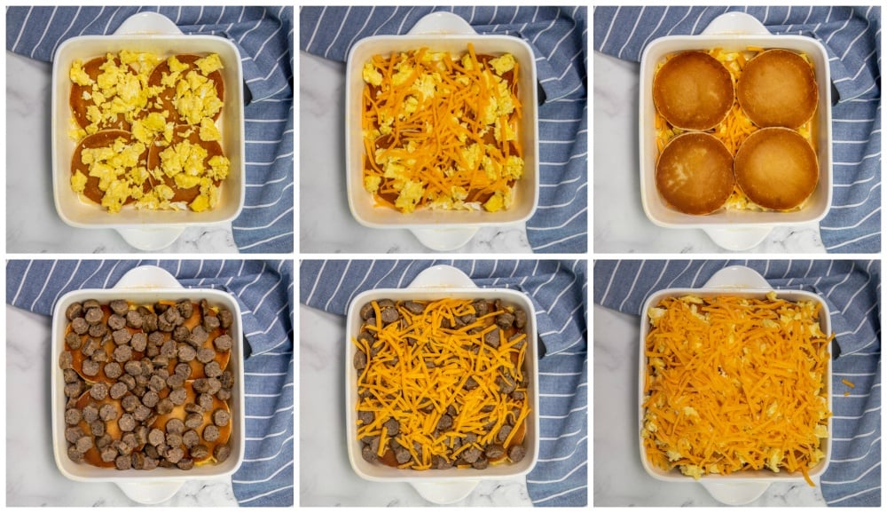 Collage image Showing how to layer the breakfast casserole
