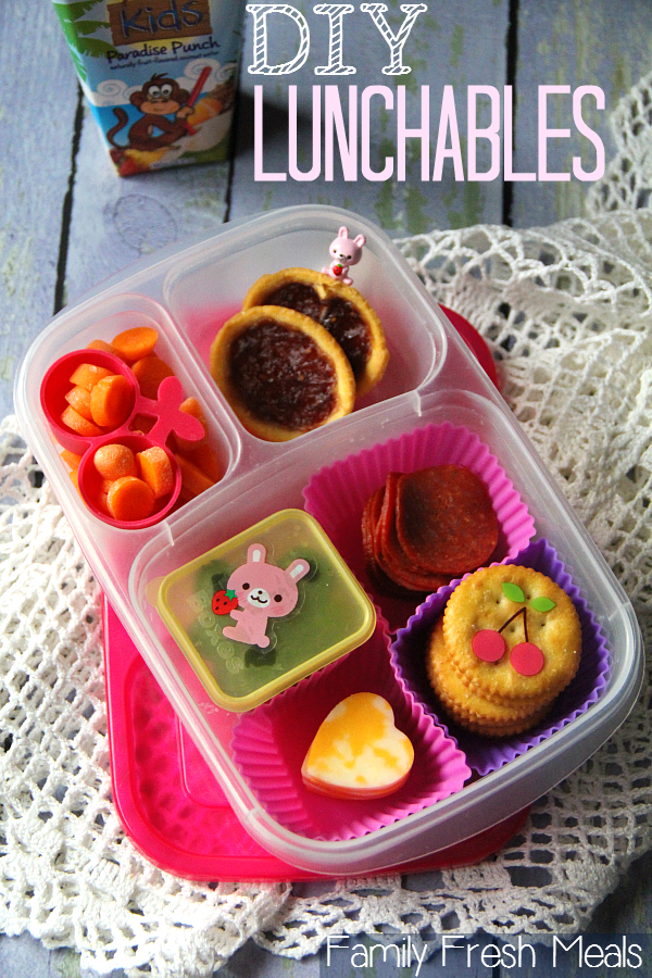 Top down image of DIY Lunchables packed in a lunchbox