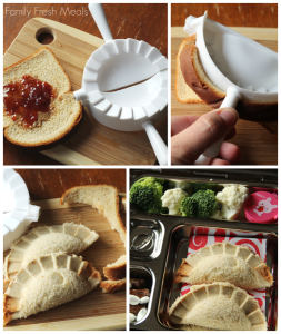 collage image of 4 steps to make pbj dumpling sandwich - with a dumpling press.