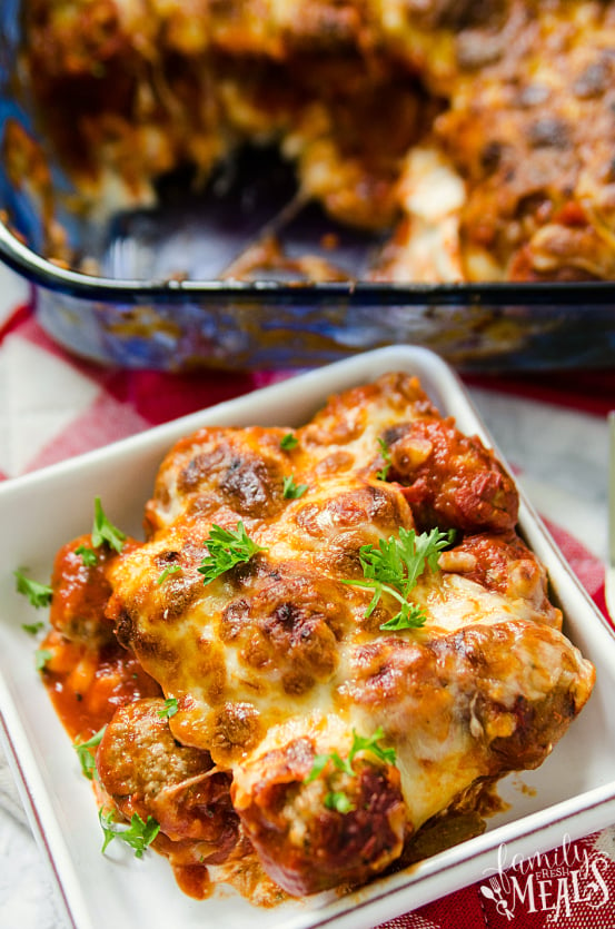 A serving of Meatball Sub Casserole in a white bowl