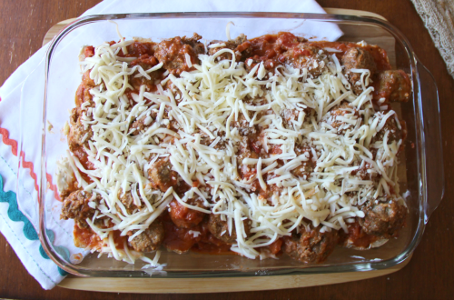 Top down image of Meatball sub casserole, uncooked