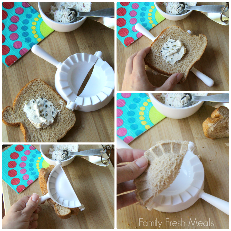 4 images showing the steps on how to make dumpling sandwiches with creamy olive spread