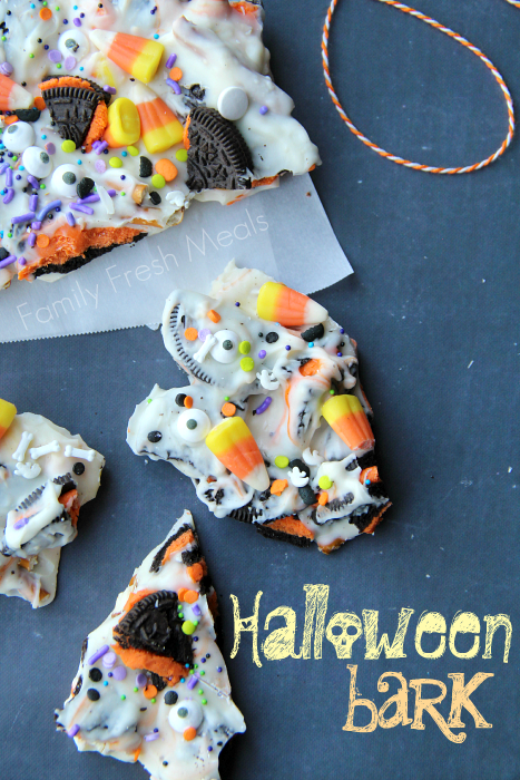 Halloween Bark broken into pieces on a black platter