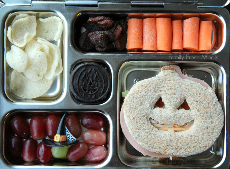 top down image of Halloween food themed lunchbox 