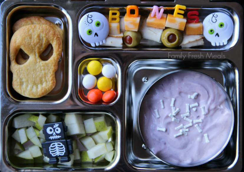 top down image of Halloween food themed lunchbox, packed in a metal lunchbox