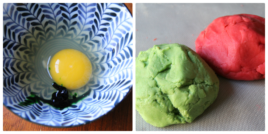 image on left is of an raw egg in a bowl with green food color - right image is of a green and red ball of dough