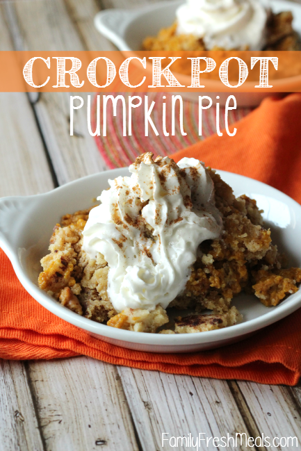 Crockpot Pumpkin Pie served on a white plate with an orange napkin