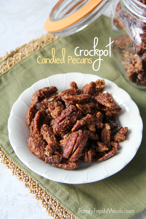 Crockpot Candied Pecans in a white bowl