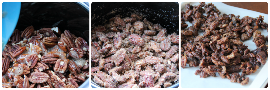 showing the steps of how to make the candied pecans