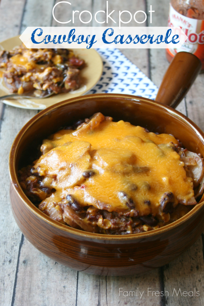 Crockpot Cowboy Casserole served in a brown serving bowl