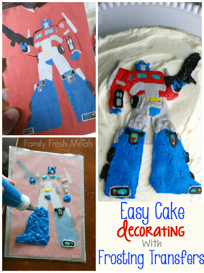 collage image showing a transformer frosting transfer being created and on a cake