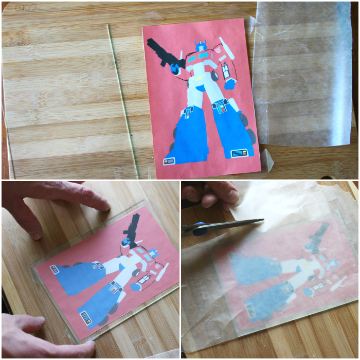 collage image showing the set up for the transformer frosting transfer
