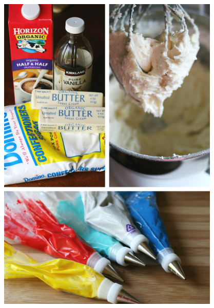 ingredients for butter cream frosting, frosting in mixing bowl, and 5 different colored frostings in pipping bags