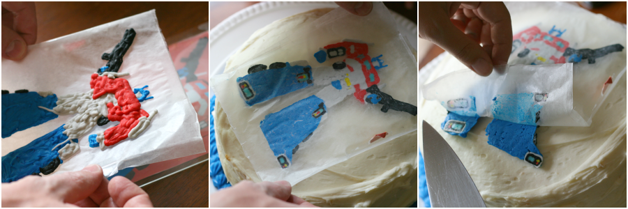 3 images showing steps to Place frozen transfer on cake