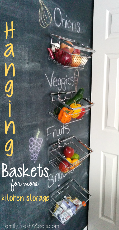 Baskets on chalkboard wall with fruits and vegetables in them