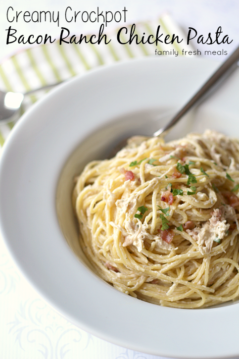 Slow Cooker Bacon Ranch Chicken and Pasta in a white bowl