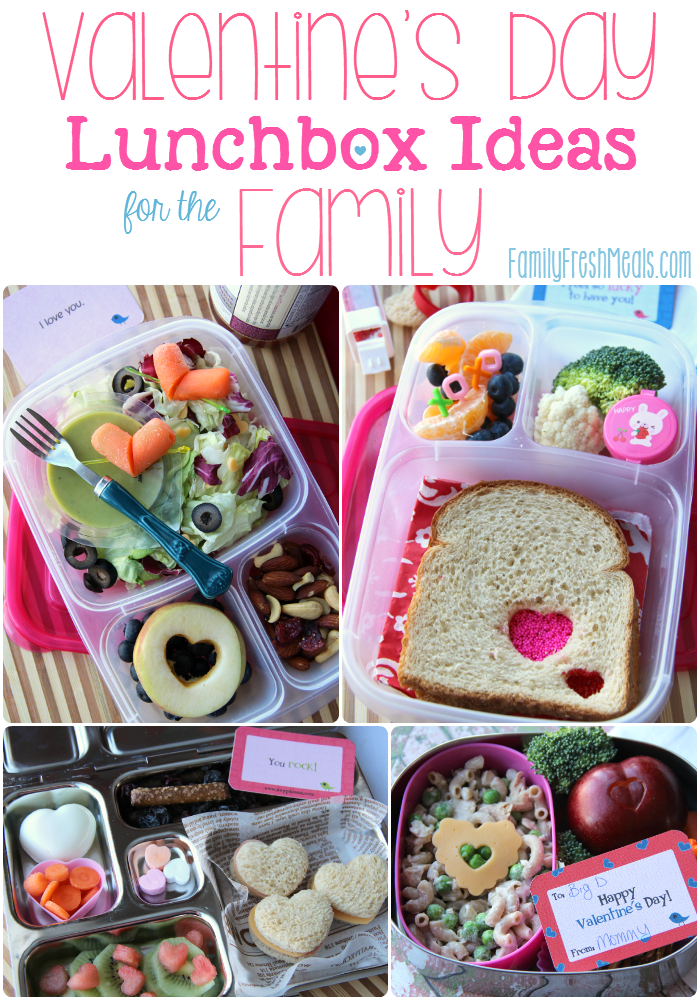 collage image of 4 different Valentine's Day Lunch box Ideas for the family 