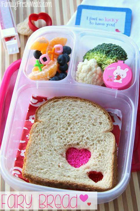 Heart Fairy Bread Sandwich, fresh fruit and vegetables packed in a lunchbox