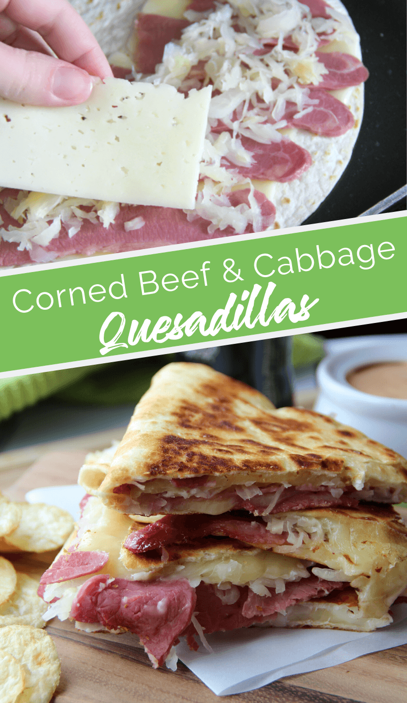 These Corned Beef and Cabbage Quesadillas are the perfect way to use up any corned beef leftover you have from your big St. Patrick's day feast. YUMMY! #stpatricksday #cornedbeef #cabbage #appetizer #familyfreshmeals via @familyfresh