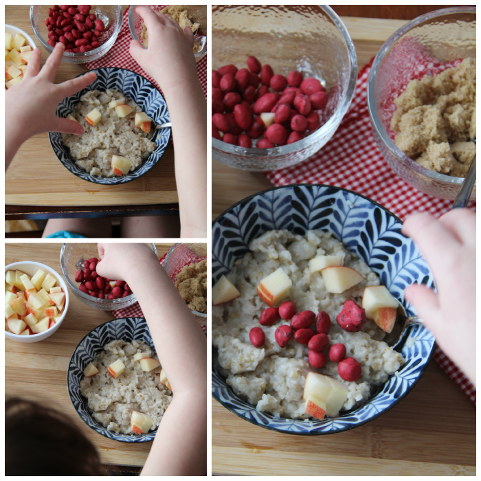 collage image showing toppings being added to steel cut oats in a bowl