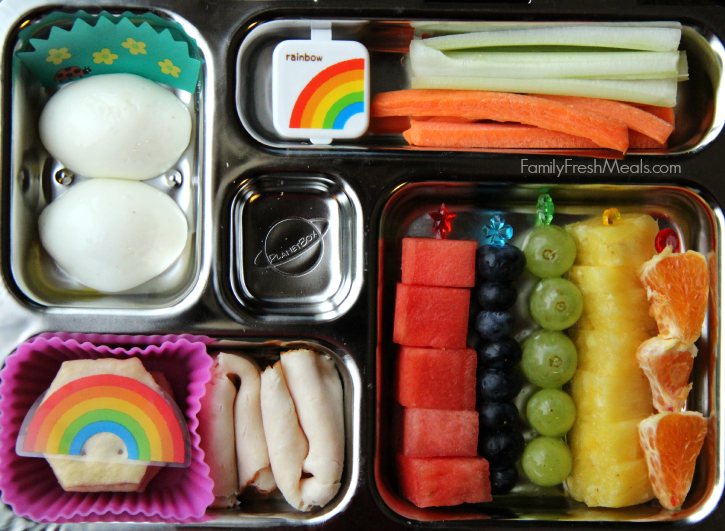 Lunchbox packed with fruit, some lunch meat and crackers, hard boiled egg, veggies sticks and a container of dip. 