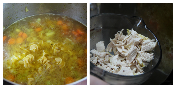 noodles and shredded chicken being added to the soup pot