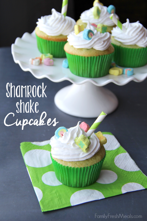 Green Treats For St. Patrick's Day - Shamrock Shake cupcakes served on a white plater