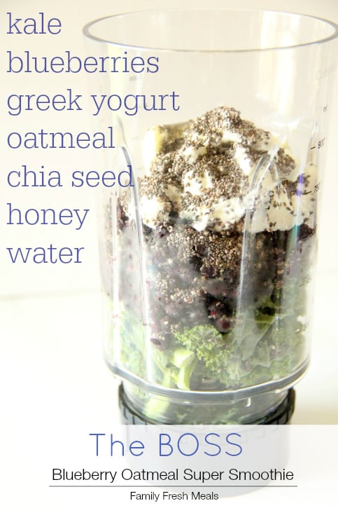 Blueberry Oatmeal Super Smoothie ingredients in a blender cup