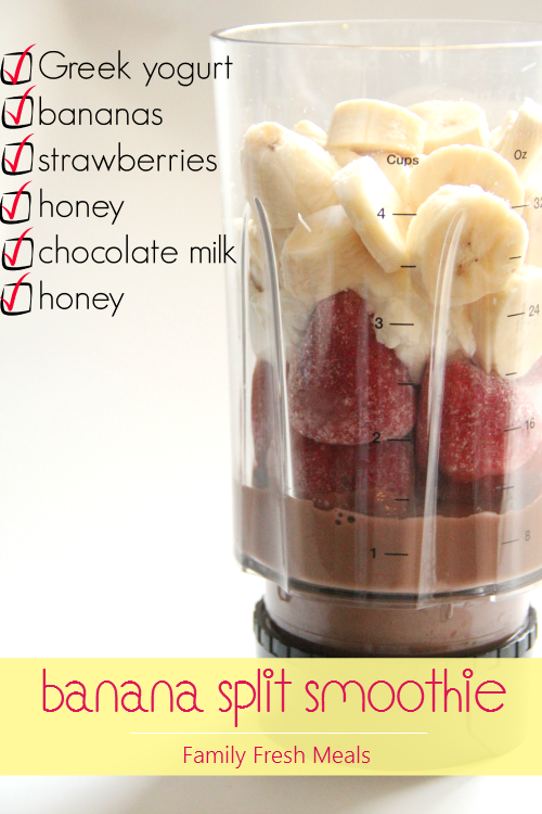 Banana Split Smoothie ingredients in a small blender cup