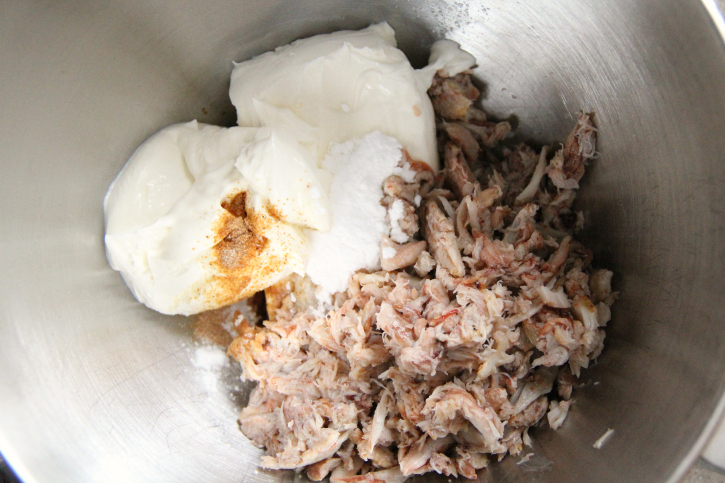 Ingredients fro Crab Rangoon Dip in a mixing bowl