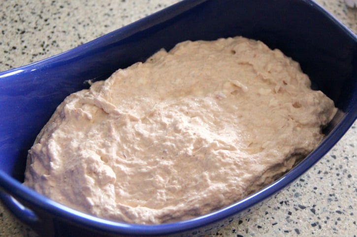 Crab Rangoon Dip in a blue baking dish