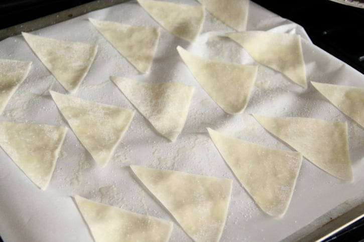 Wonton Chips placed on a baking sheet