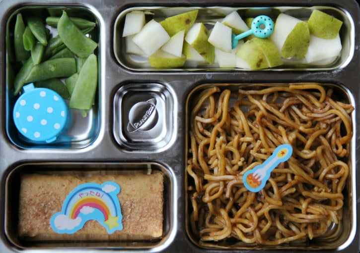 Lo mien noodles,  pears, a breakfast bar and snap peas with a container of dip - all packed in a metal lunchbox
