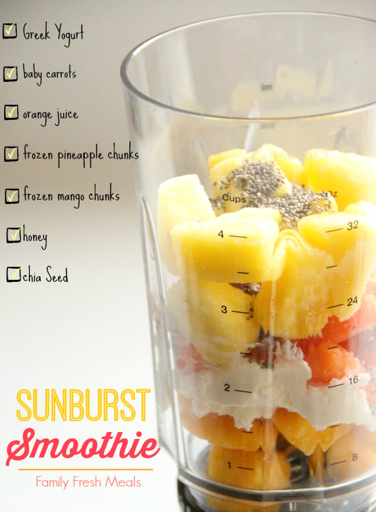 Sunburst Smoothie Recipe Ingredients in a small blender cup 