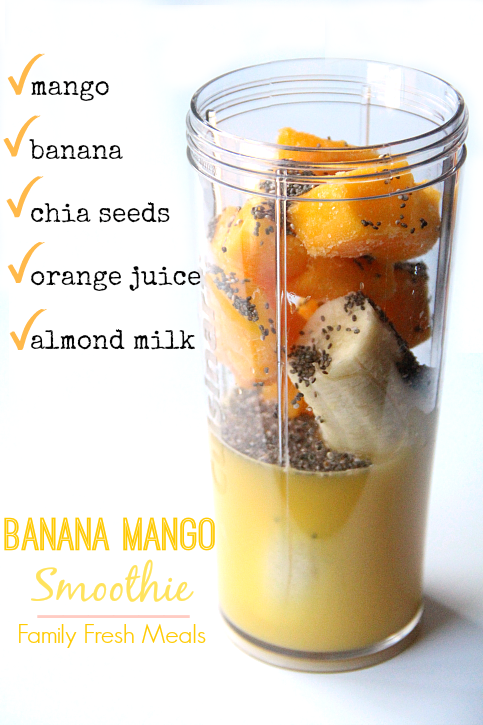 Banana Mango Smoothie Ingredients in a blender cup